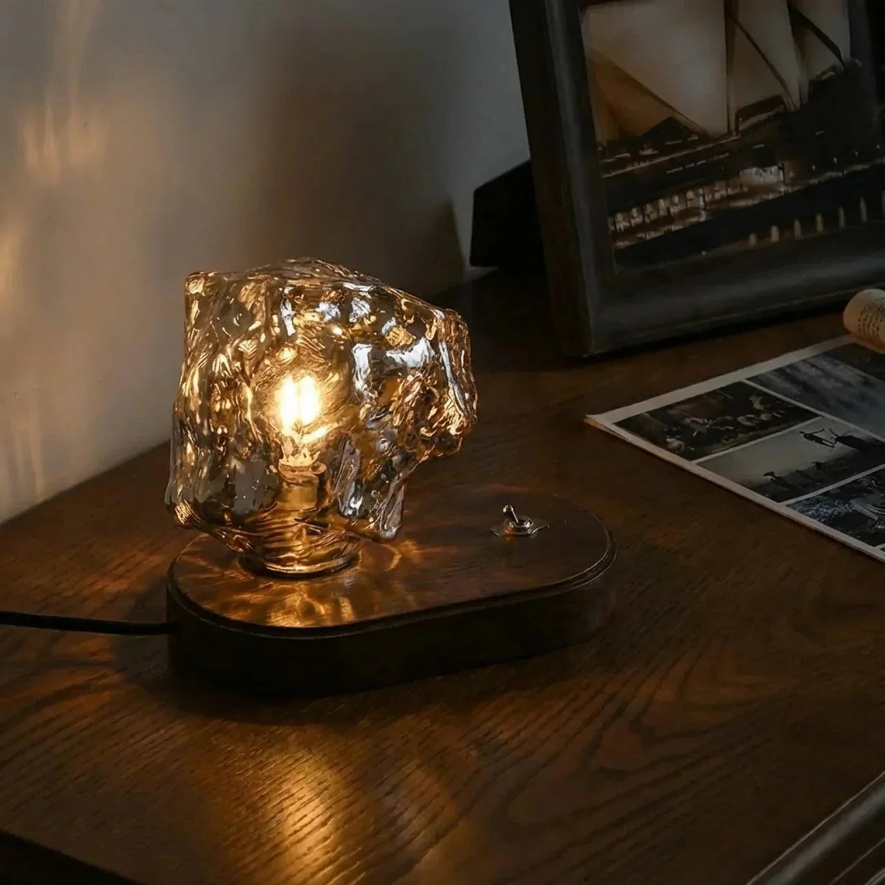Lamp With Organic Glass And Wooden Base For Indoor Use