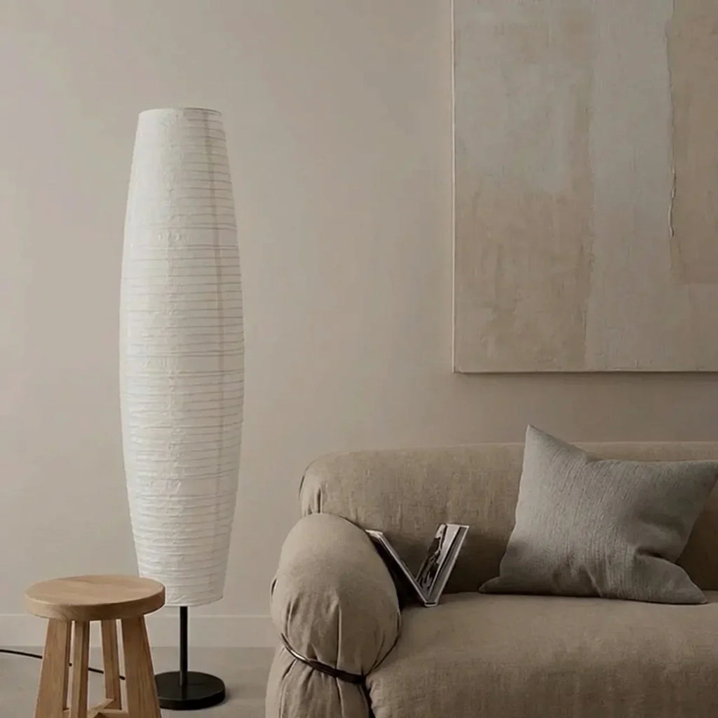 Reispapier-Stehlampe mit zwei Lichtquellen, schlanke vertikale Säule
