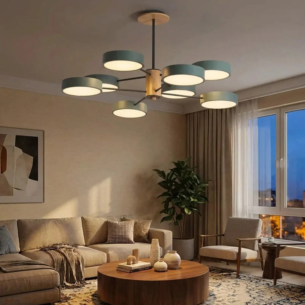 Multi-Arm Ceiling Fixture With LED Metal Frame And Wood