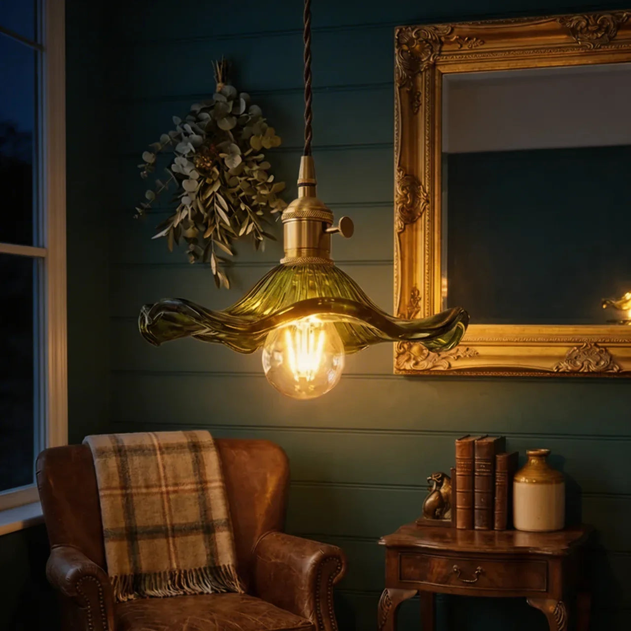 Art Deco Glass Ceiling Pendant Light With Scalloped Glass Shade