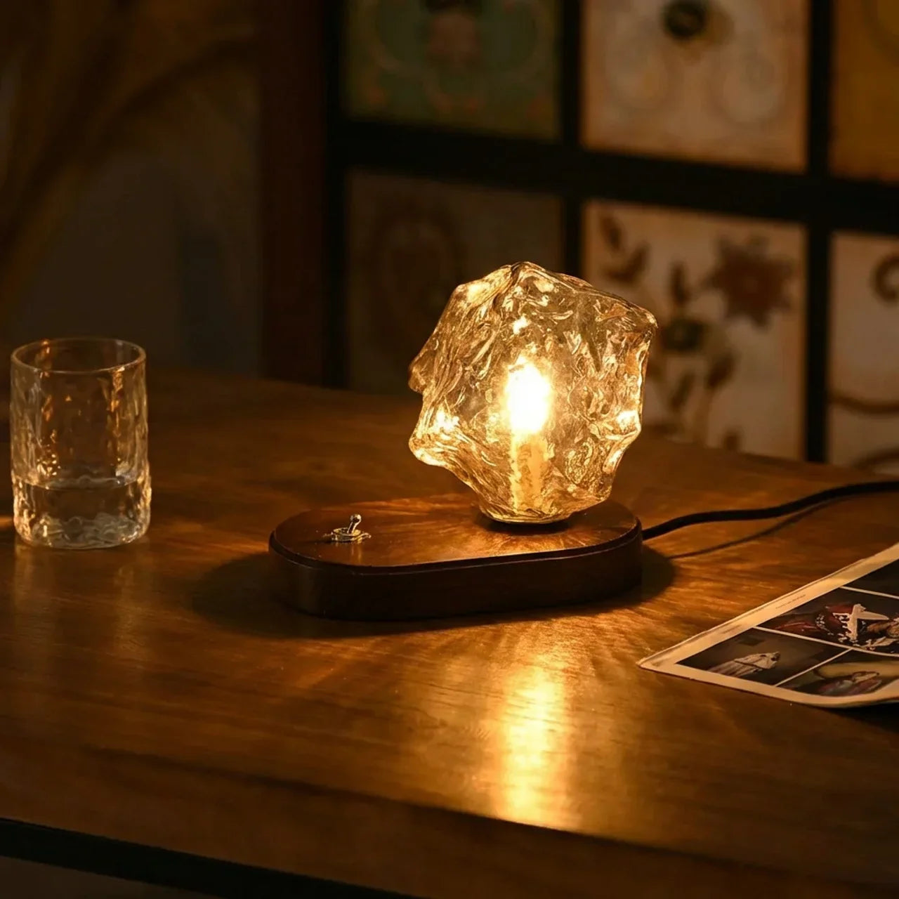 Lamp With Organic Glass And Wooden Base For Indoor Use