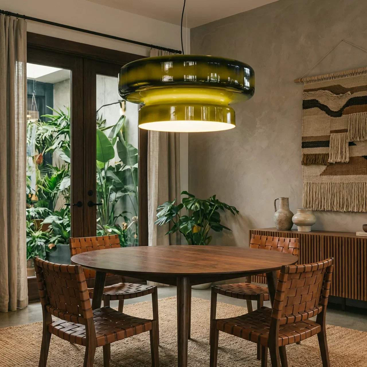 Závěsná lampa z barevného skla ve stylu Bauhaus