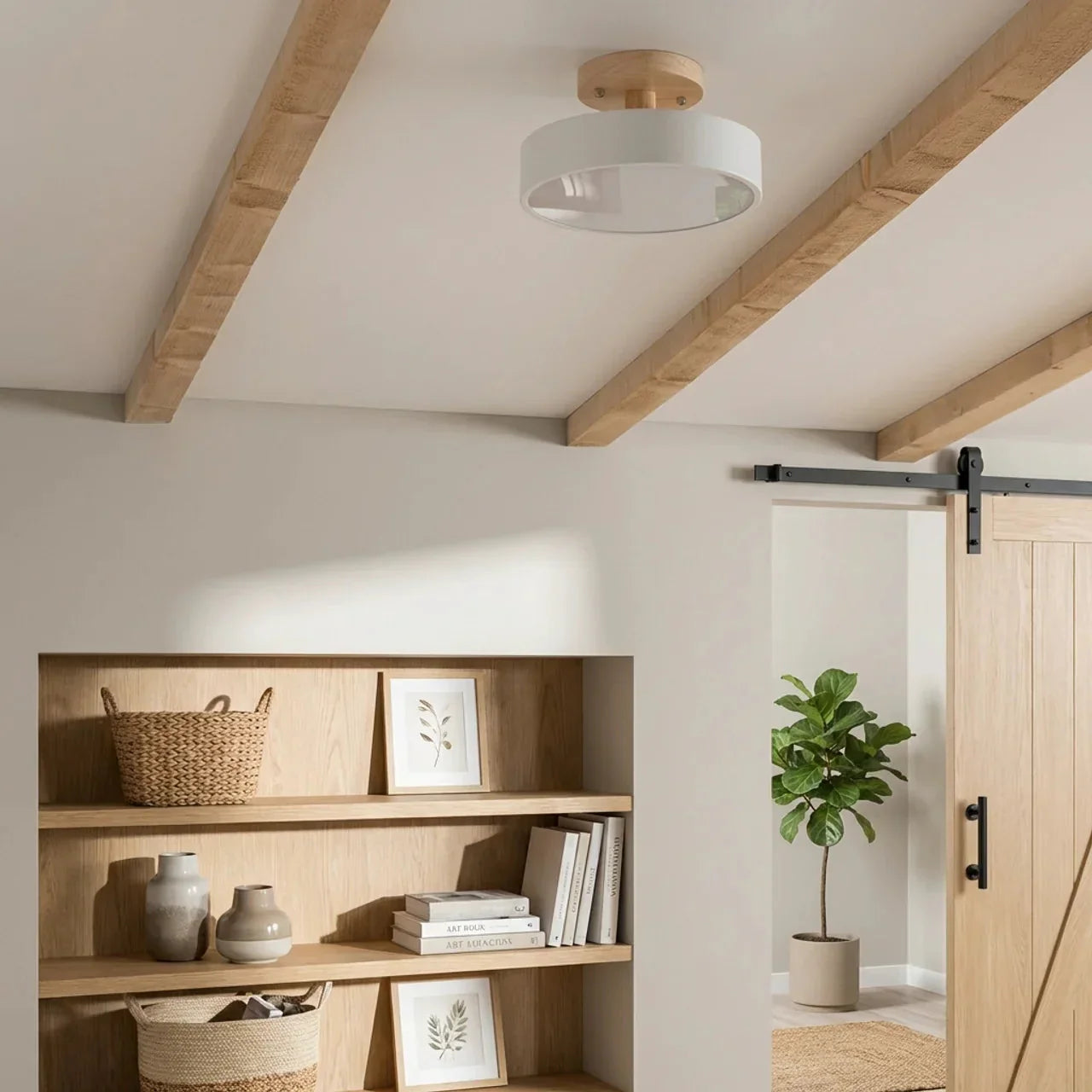 Półwpuszczana drewniana okrągła lampa sufitowa LED