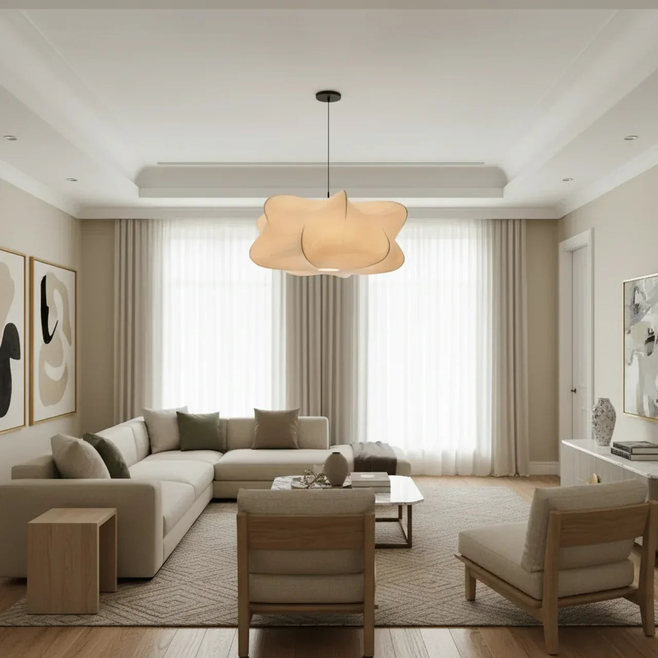 Mulberry Silk Pendant Light With Sculptural Shade For Indoor Use
