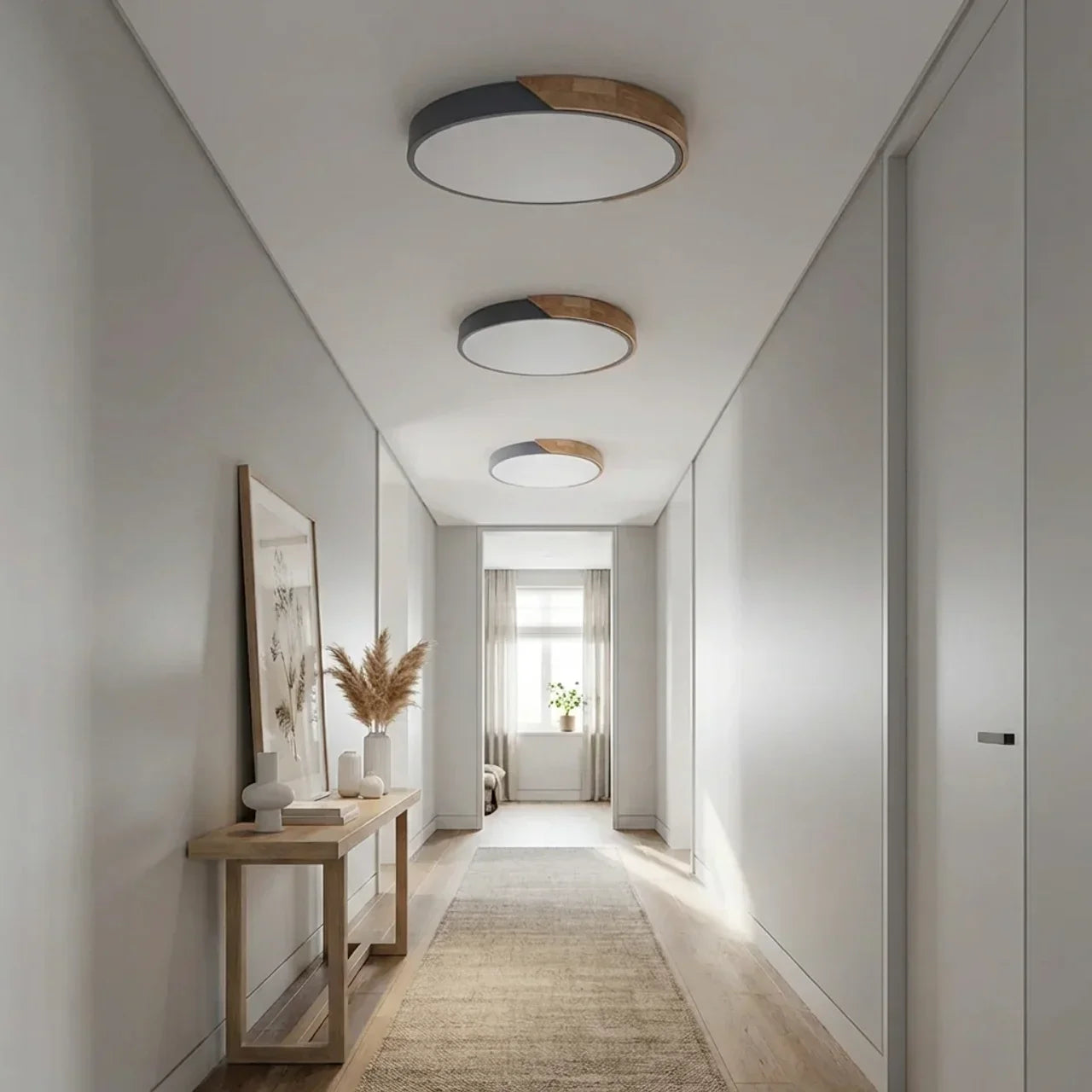Plafonnier rond en bois à LED avec montage affleurant pour usage intérieur