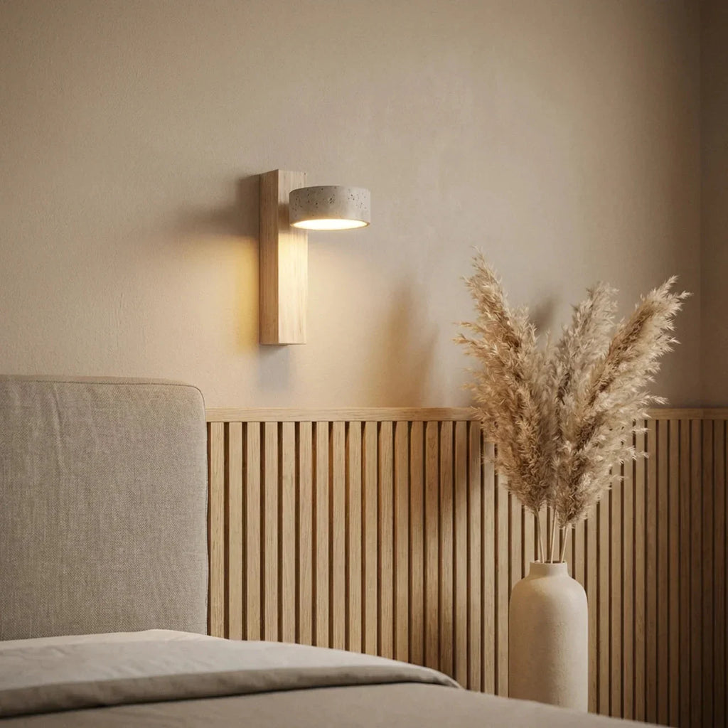 LED Wall Light With Travertine Shade And Wood Base Panel
