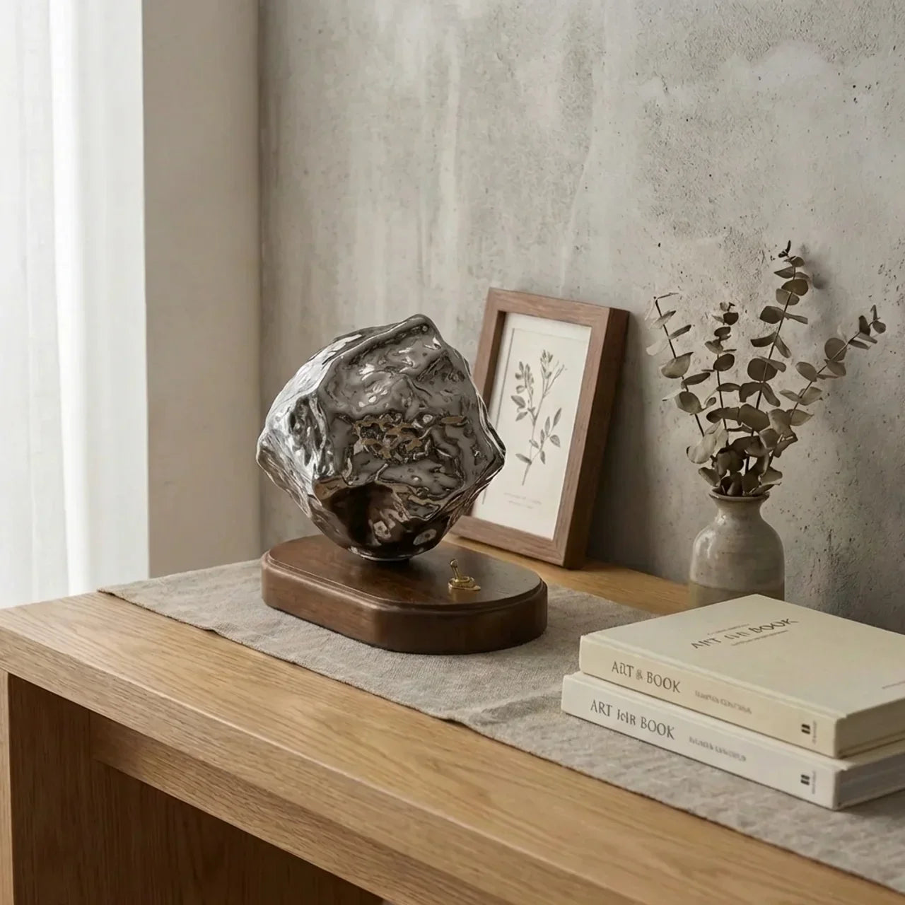 Lamp With Organic Glass And Wooden Base For Indoor Use
