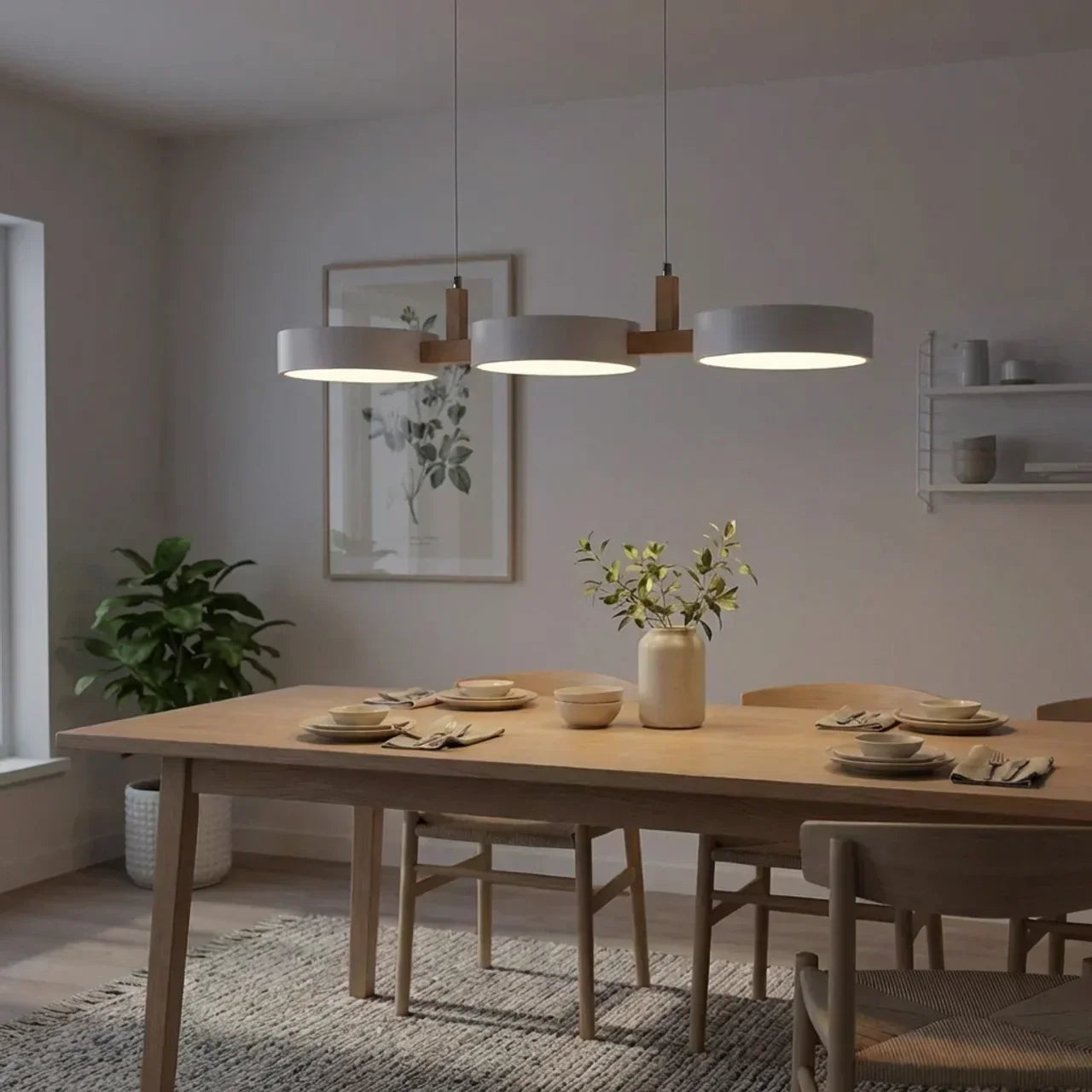 Suspension à poutre en bois avec abat-jours métalliques cylindriques pour îlot de cuisine