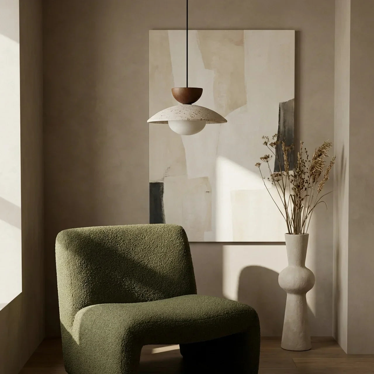 Suspension avec accents en bois, éléments en travertin et verre