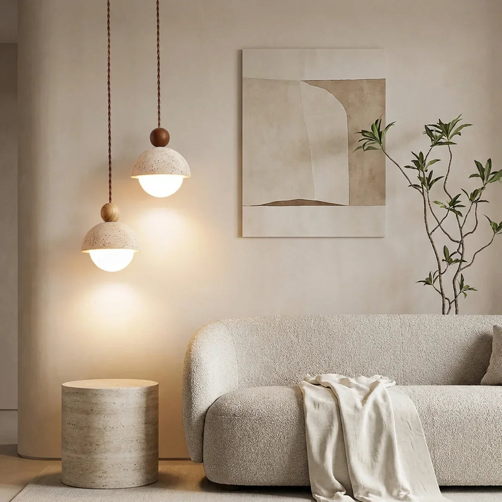 Lampada a sospensione con paralume in pietra di travertino e vetro per uso interno a soffitto