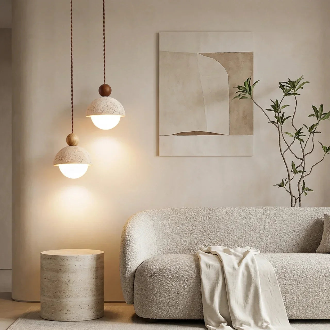 Lampada a sospensione con paralume in pietra di travertino e vetro per uso interno a soffitto