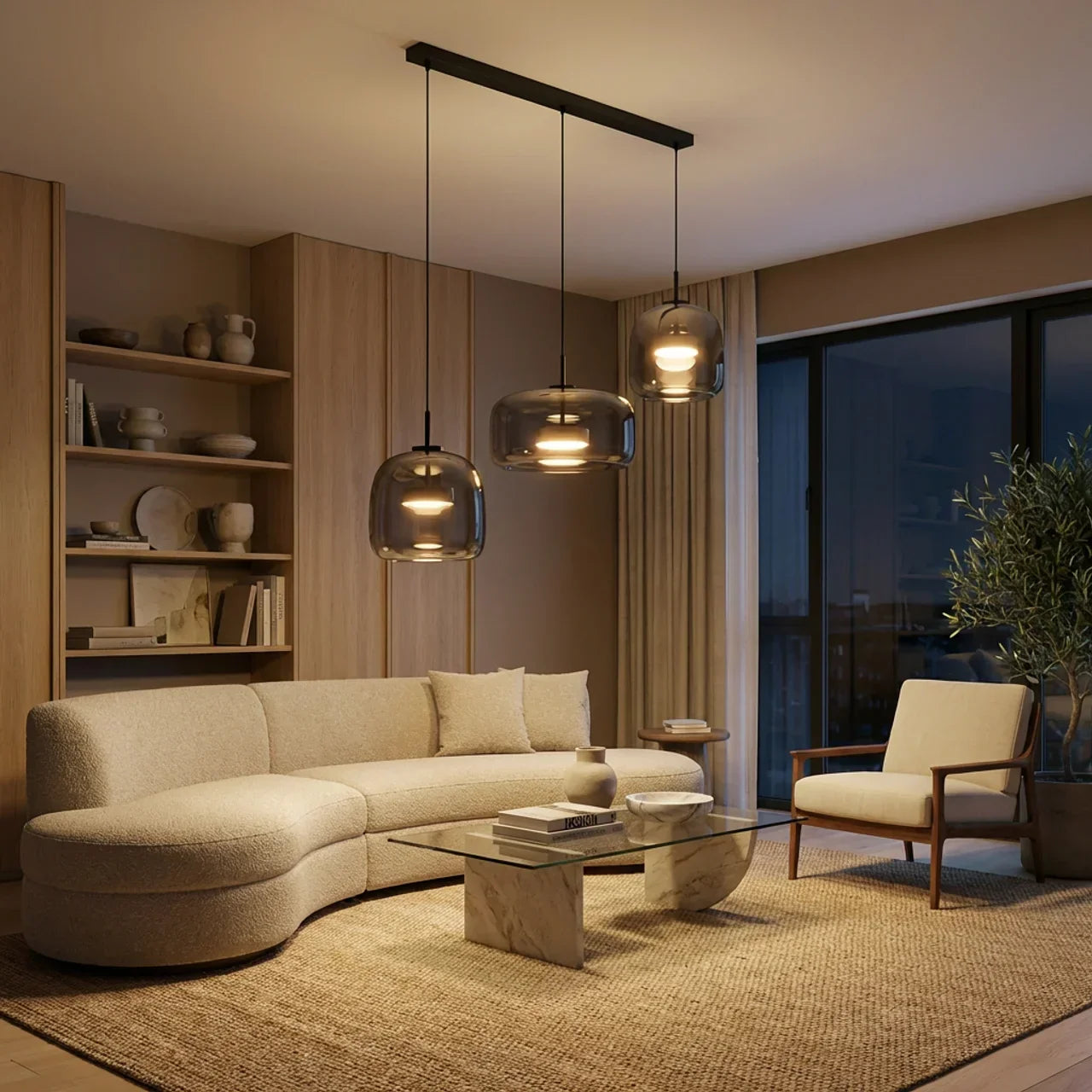 Rauchglas-Pendelleuchte mit integriertem LED-Array