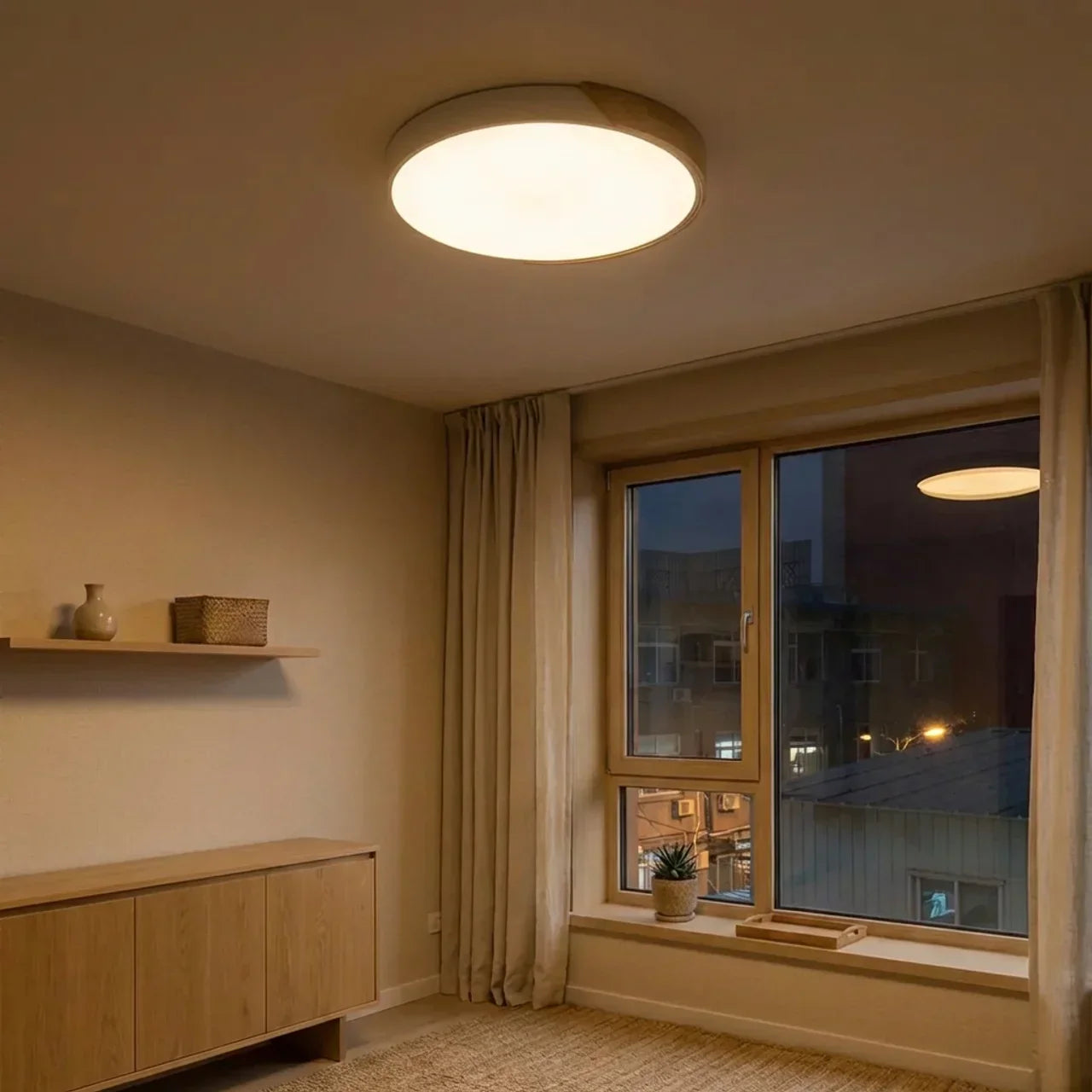 Plafonnier rond en bois à LED avec montage affleurant pour usage intérieur