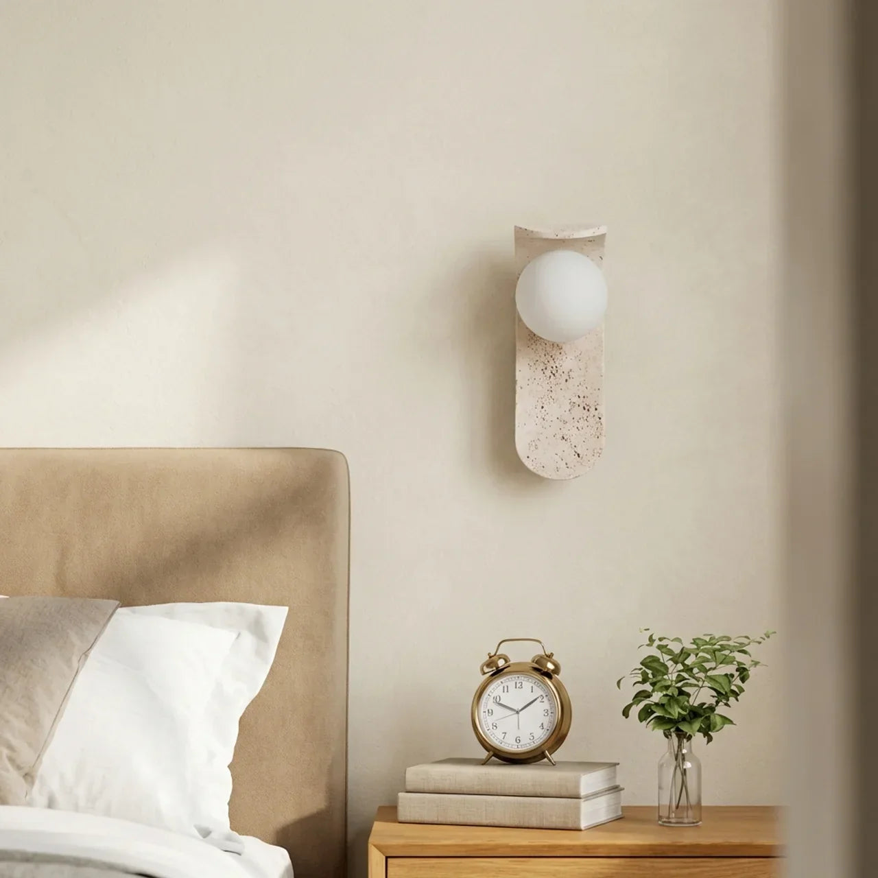 Applique murale en bois et travertin avec abat-jour en verre