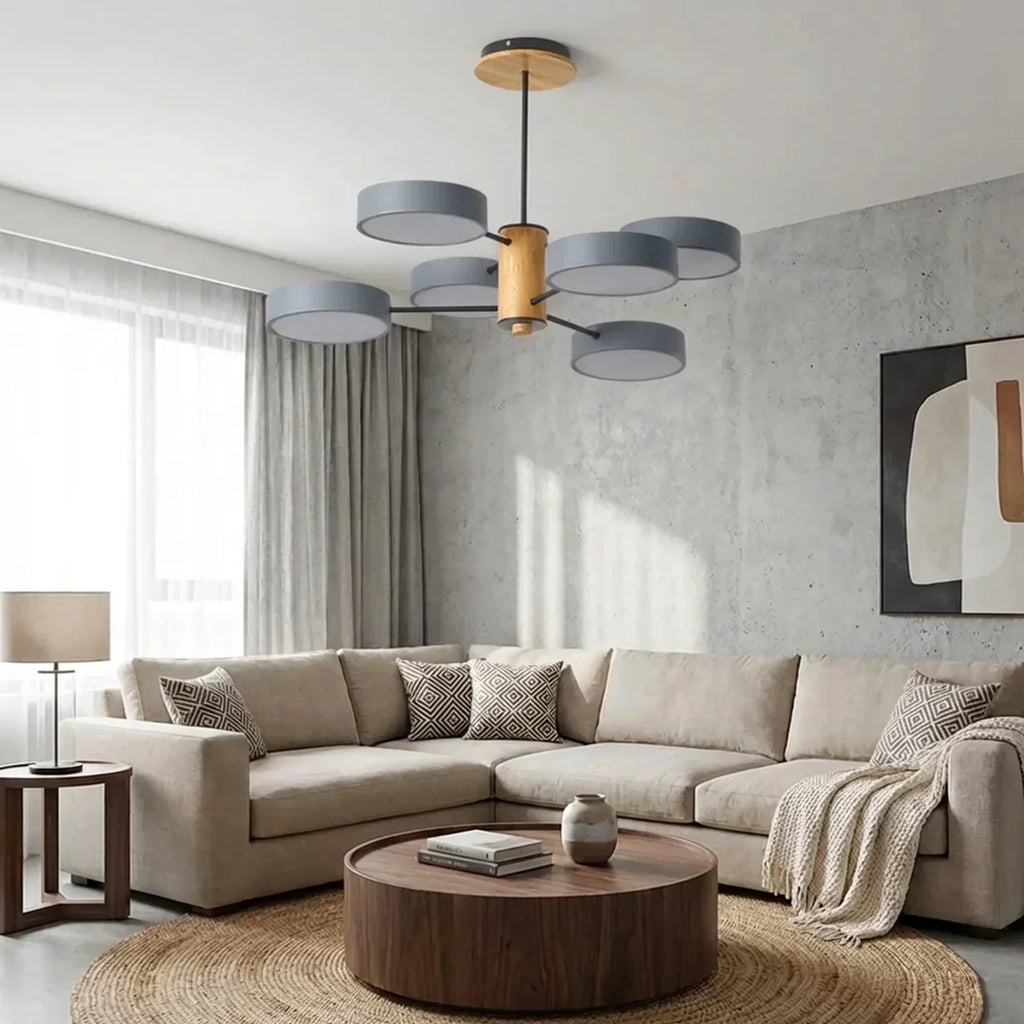Multi-Arm Ceiling Fixture With LED Metal Frame And Wood