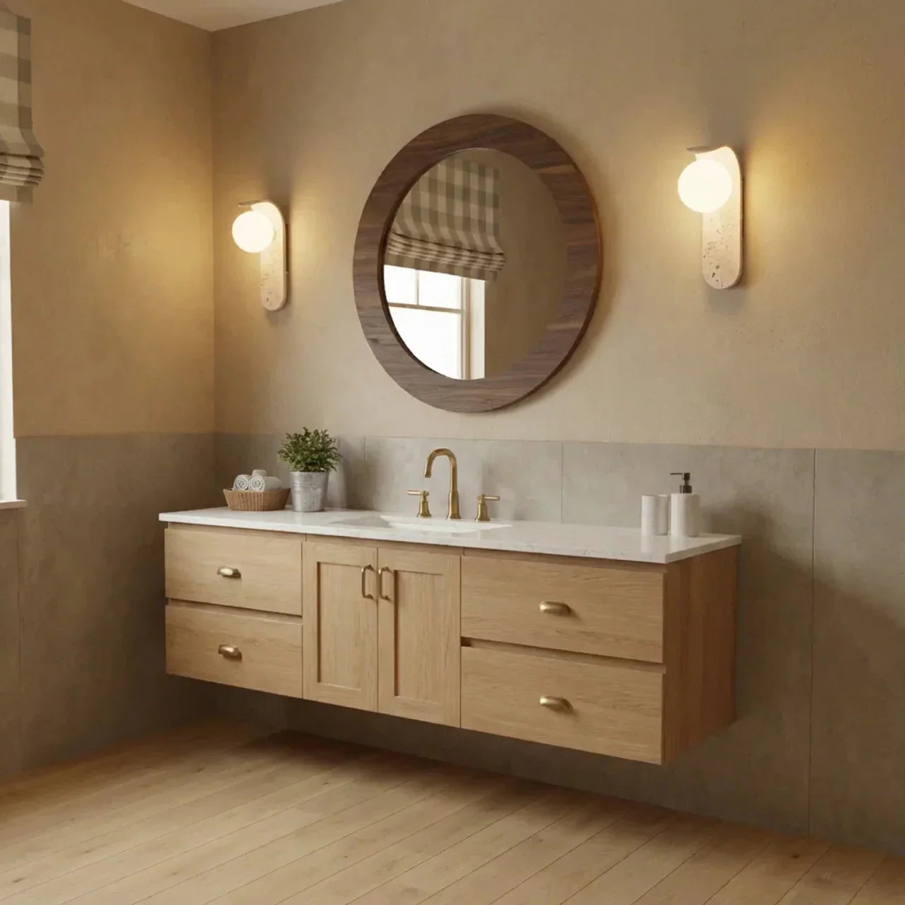 Applique murale en bois et travertin avec abat-jour en verre