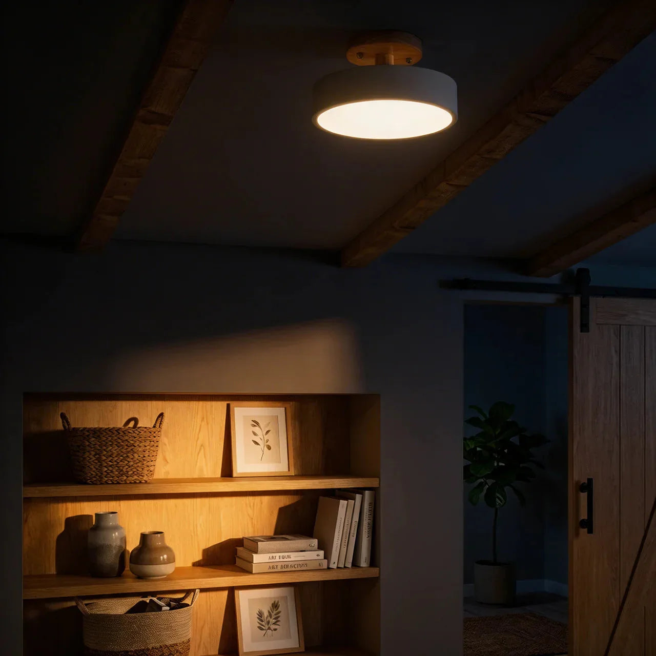 Półwpuszczana drewniana okrągła lampa sufitowa LED