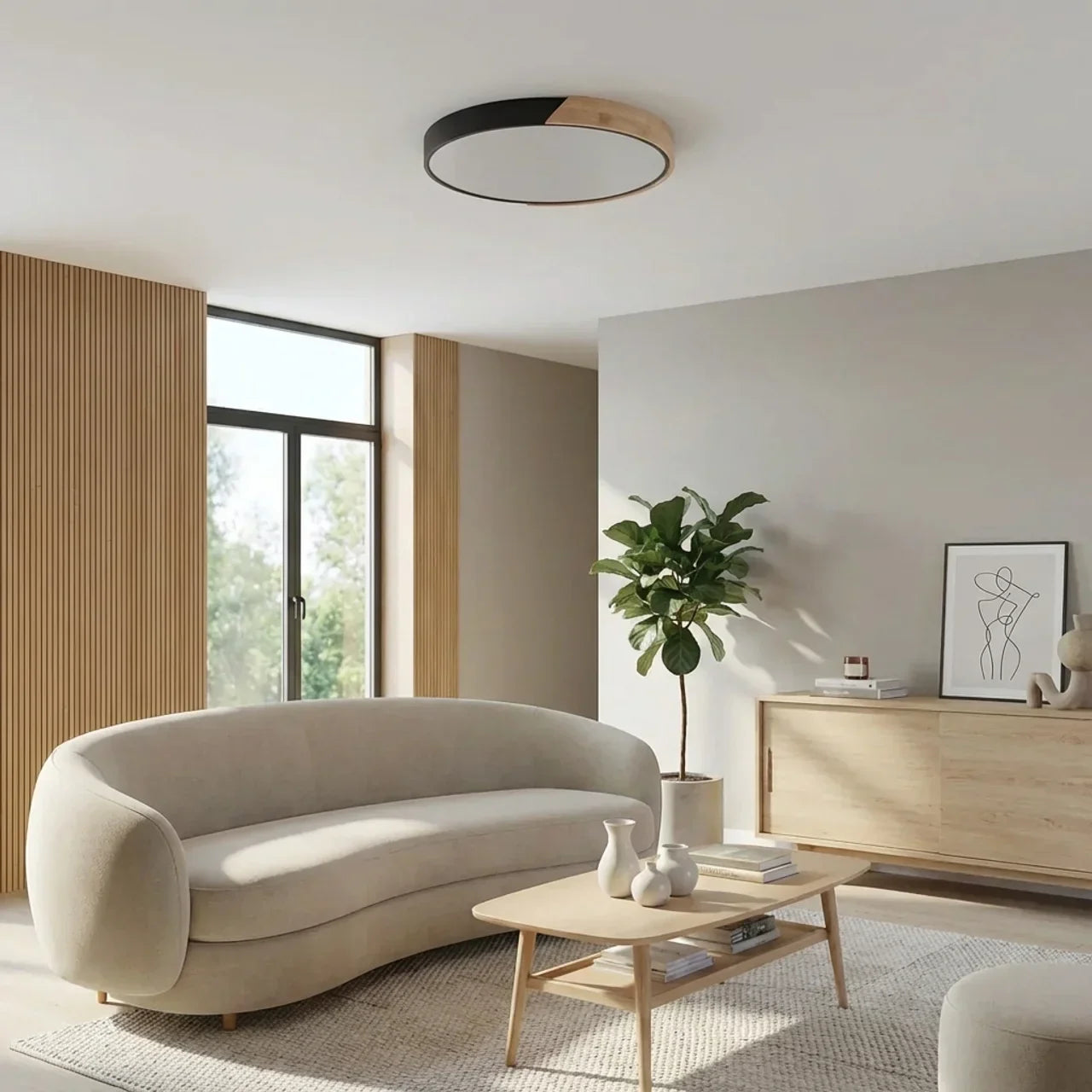 Plafonnier rond en bois à LED avec montage affleurant pour usage intérieur