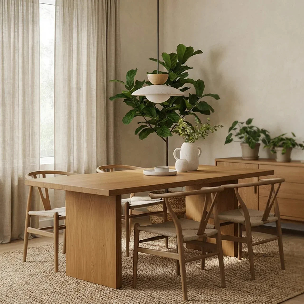 Suspension avec accents en bois, éléments en travertin et verre
