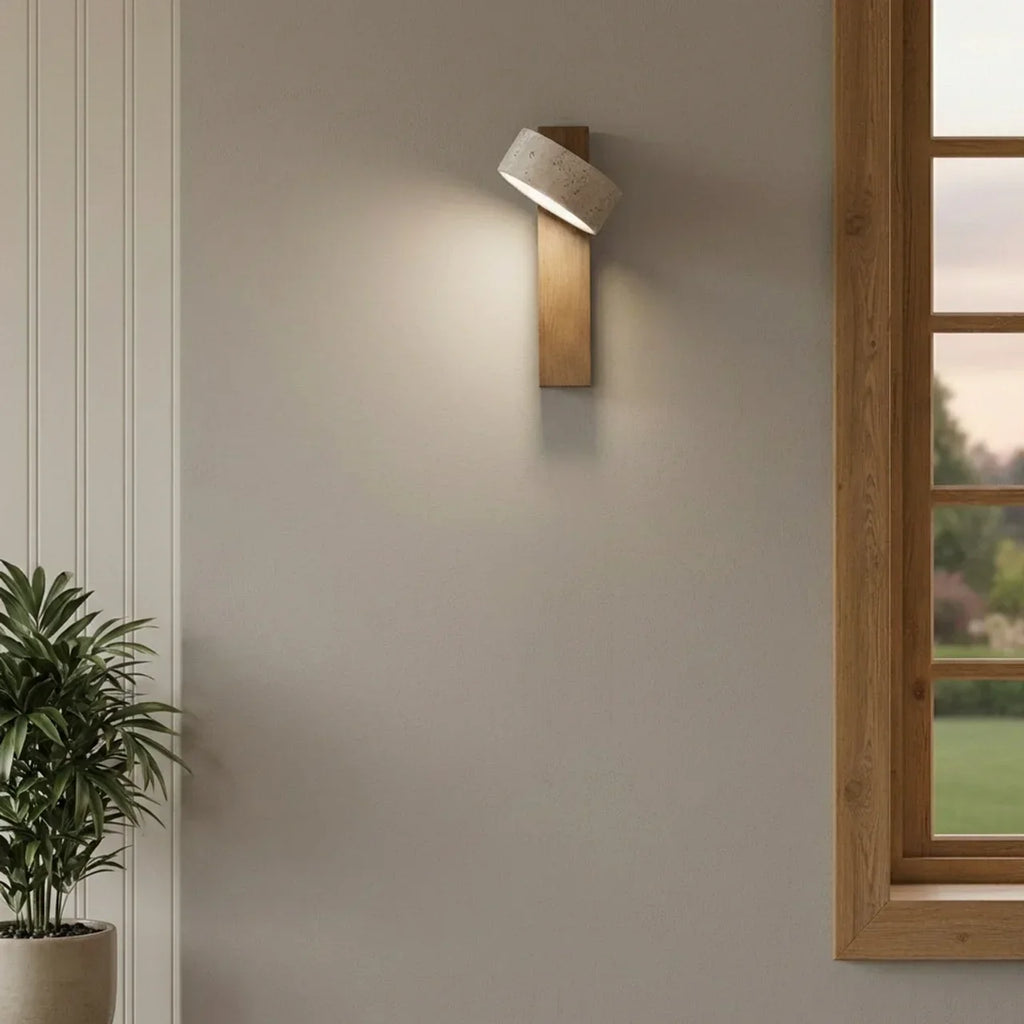 LED Wall Light With Travertine Shade And Wood Base Panel