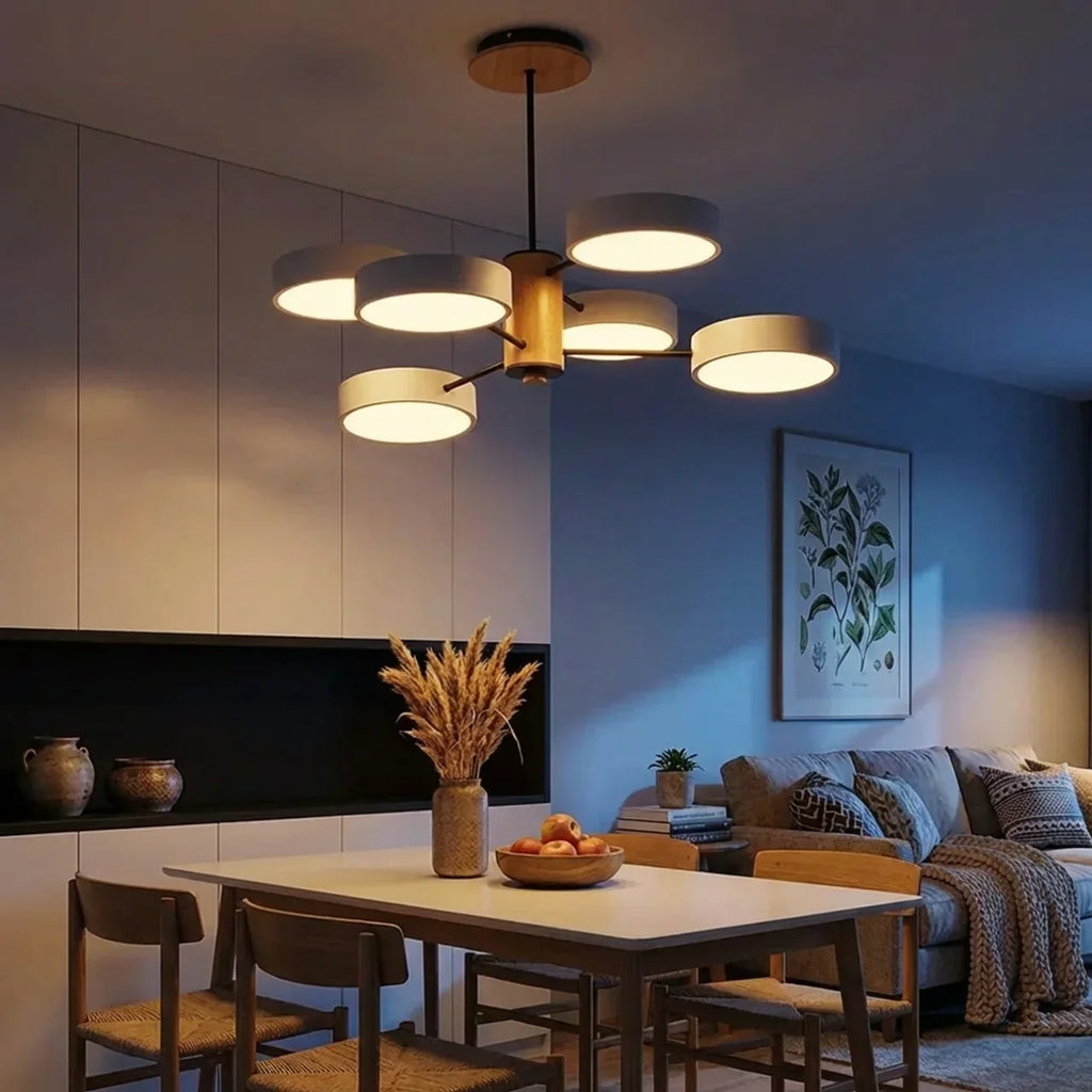 Multi-Arm Ceiling Fixture With LED Metal Frame And Wood