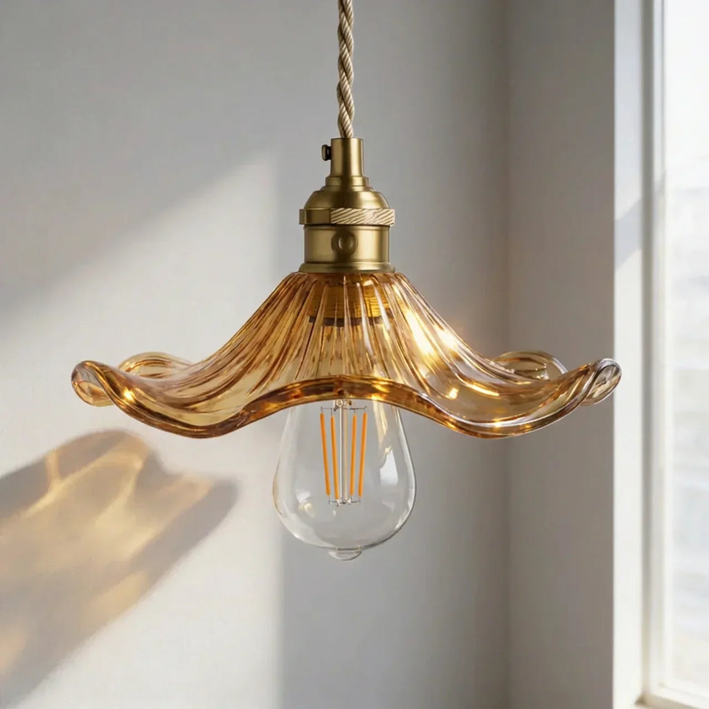 Art Deco Glass Ceiling Pendant Light With Scalloped Glass Shade