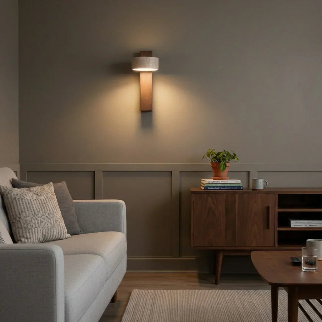 LED Wall Light With Travertine Shade And Wood Base Panel