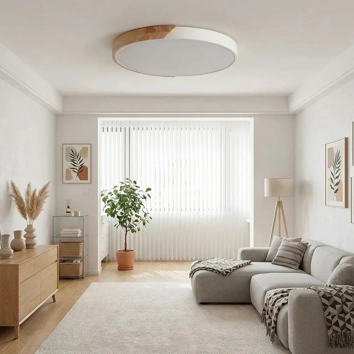 Plafonnier rond en bois à LED avec montage affleurant pour usage intérieur