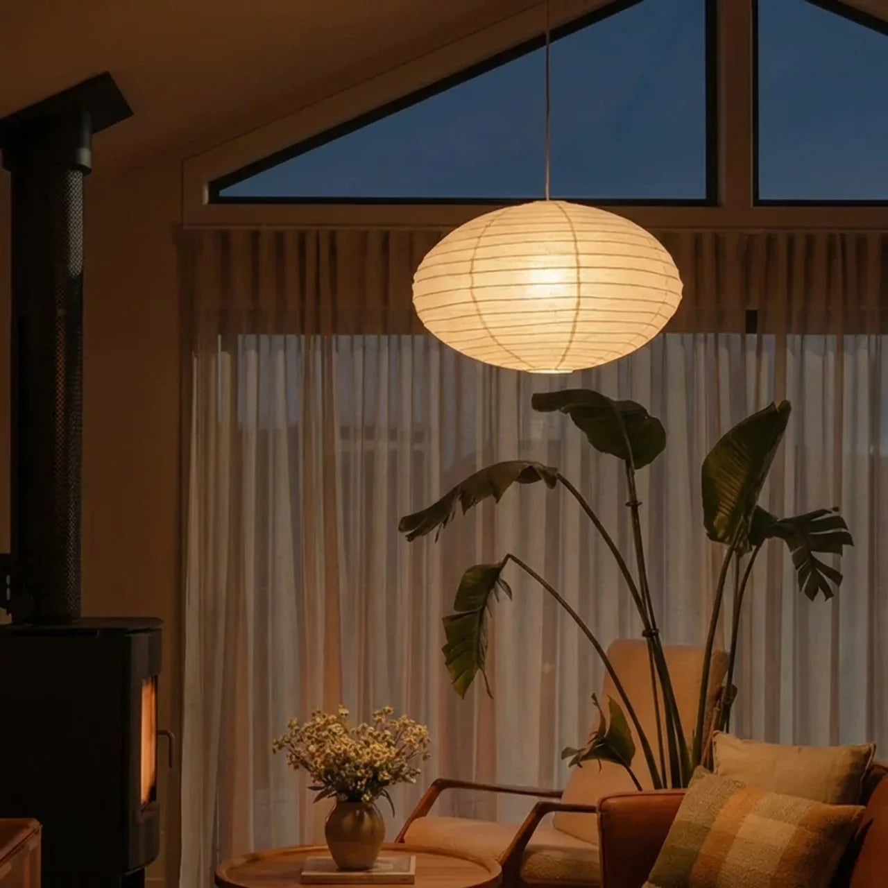 Pendant Light With Rice Paper Shade In Soft Oval Style
