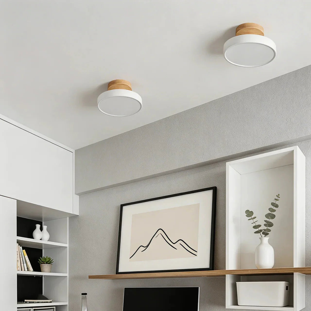 Półwpuszczana drewniana okrągła lampa sufitowa LED
