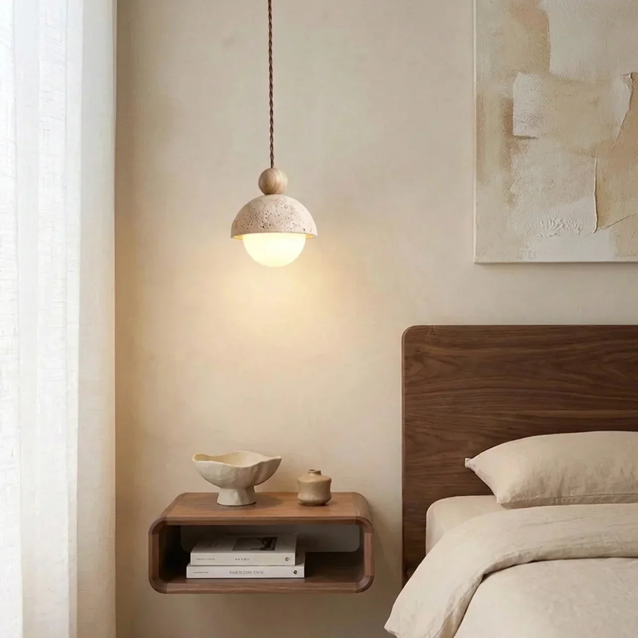 Lampada a sospensione con paralume in pietra di travertino e vetro per uso interno a soffitto