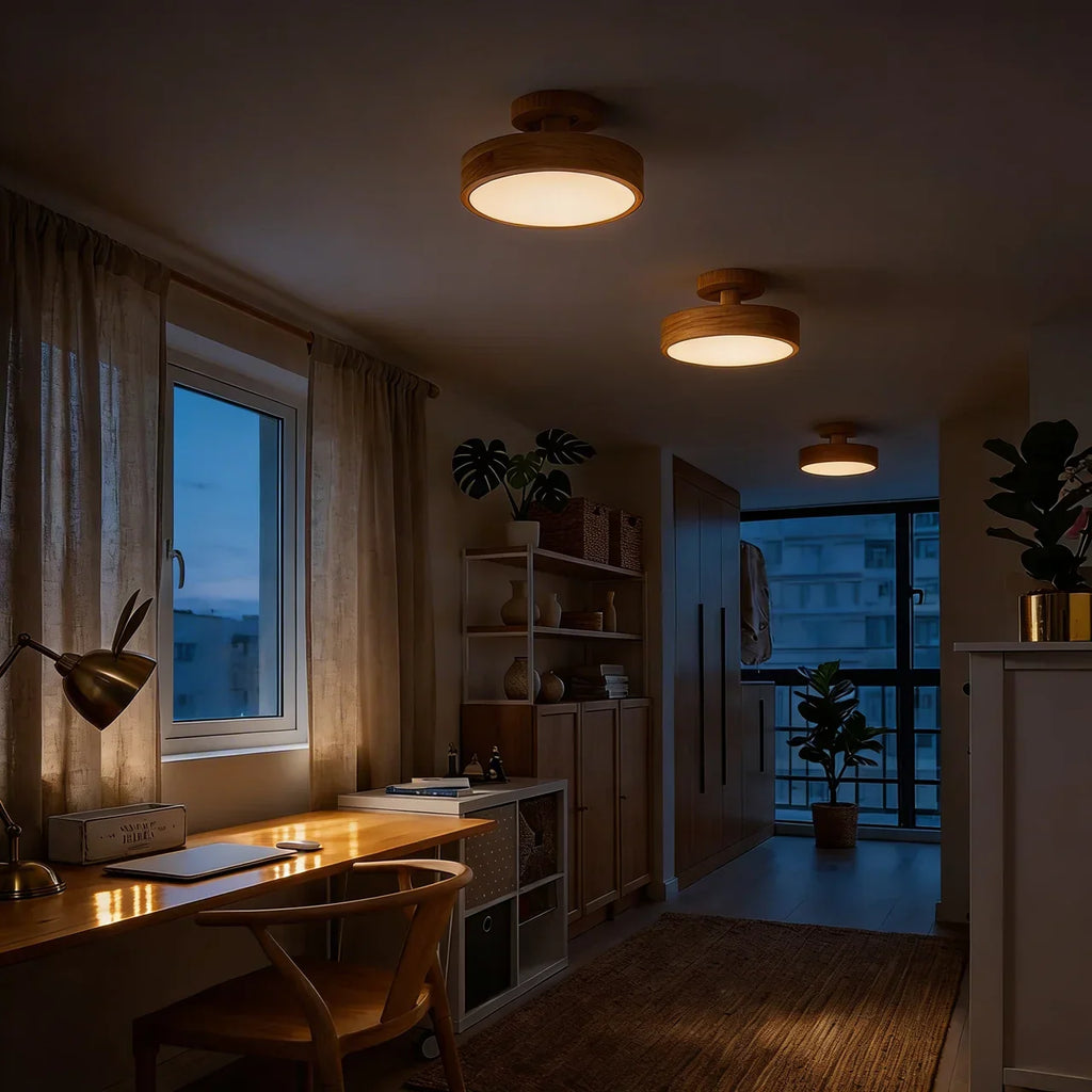Półwpuszczana drewniana okrągła lampa sufitowa LED