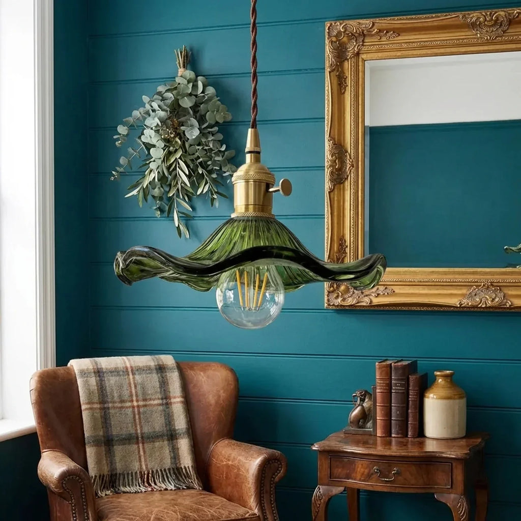 Art Deco Glass Ceiling Pendant Light With Scalloped Glass Shade
