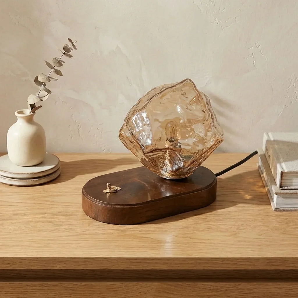Lamp With Organic Glass And Wooden Base For Indoor Use