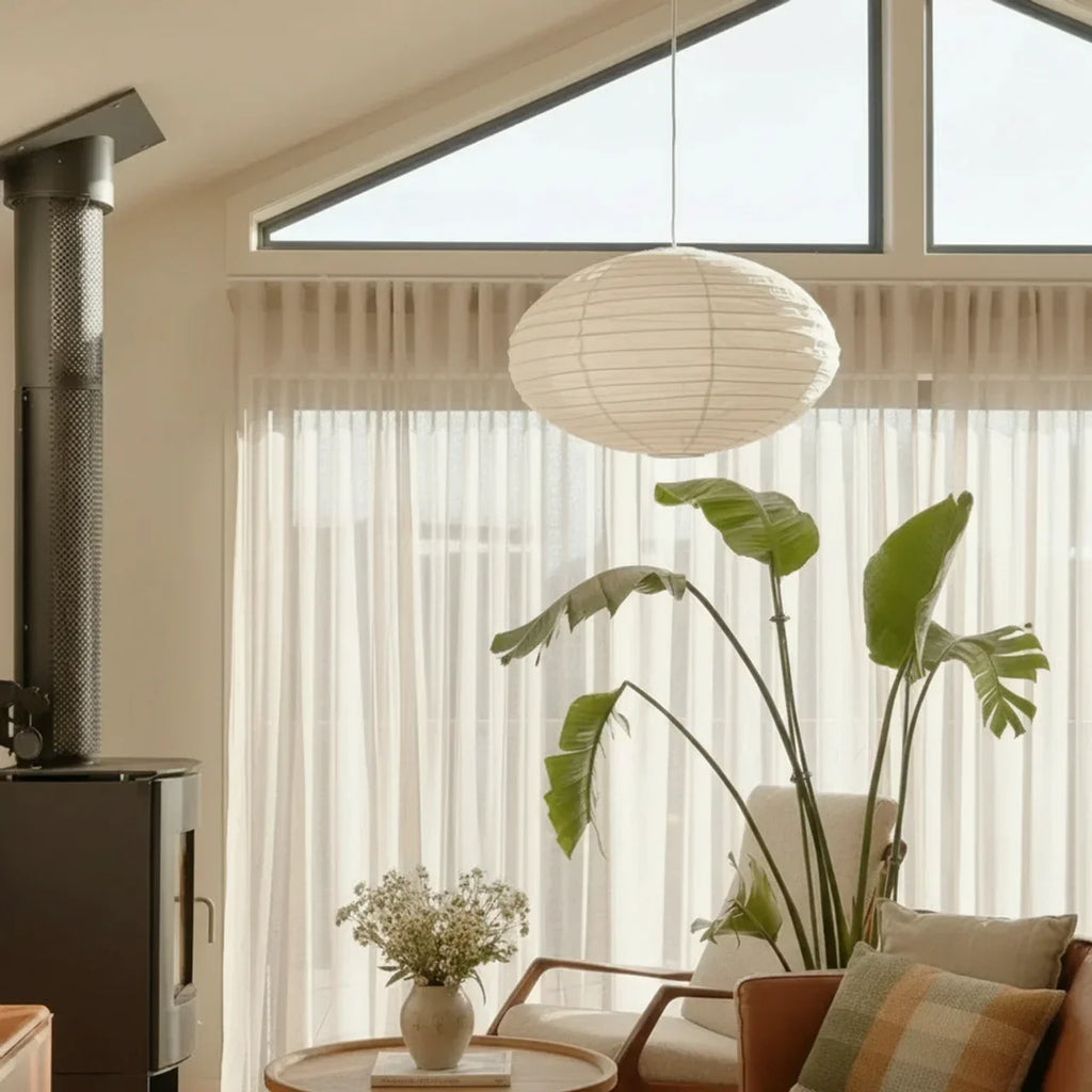Pendant Light With Rice Paper Shade In Soft Oval Style