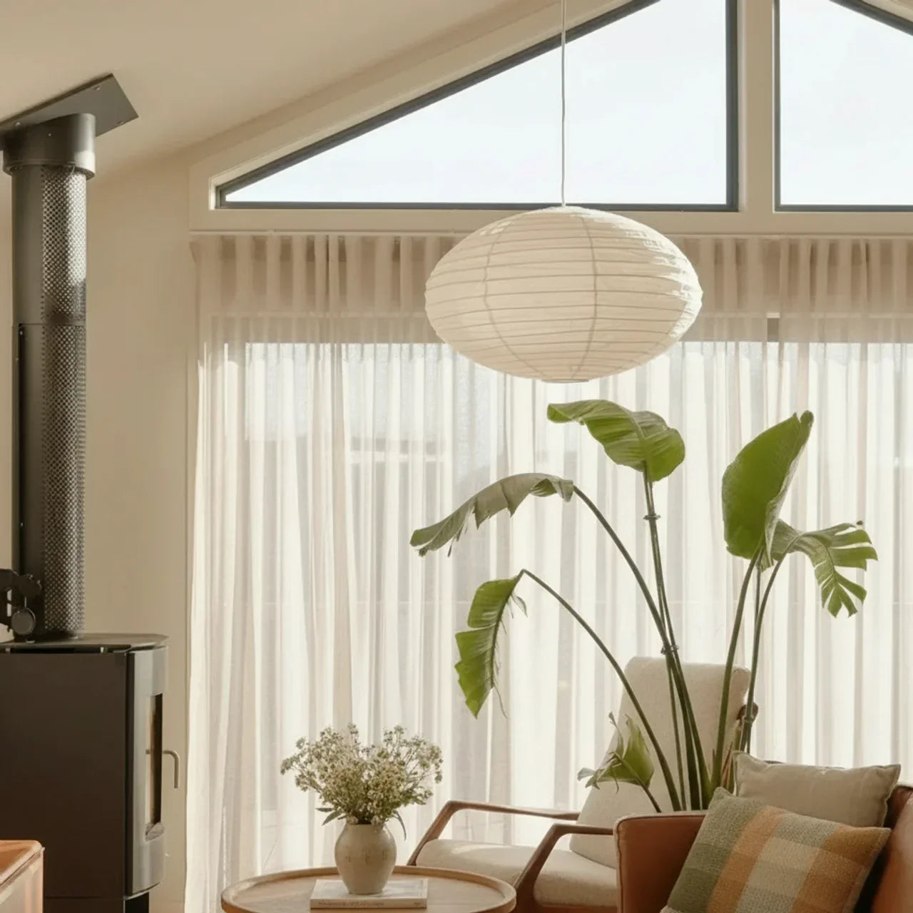 Pendant Light With Rice Paper Shade In Soft Oval Style
