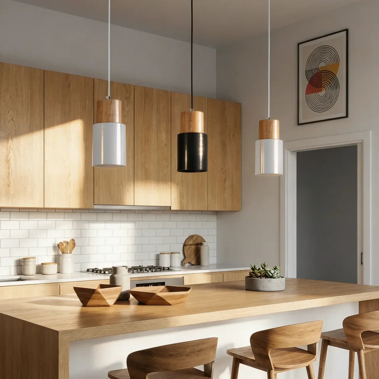 Aluminium-Zylinder-Hängeleuchte mit Holzdetail-Leuchte