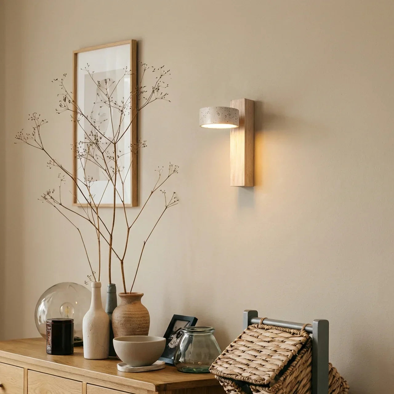 LED Wall Light With Travertine Shade And Wood Base Panel