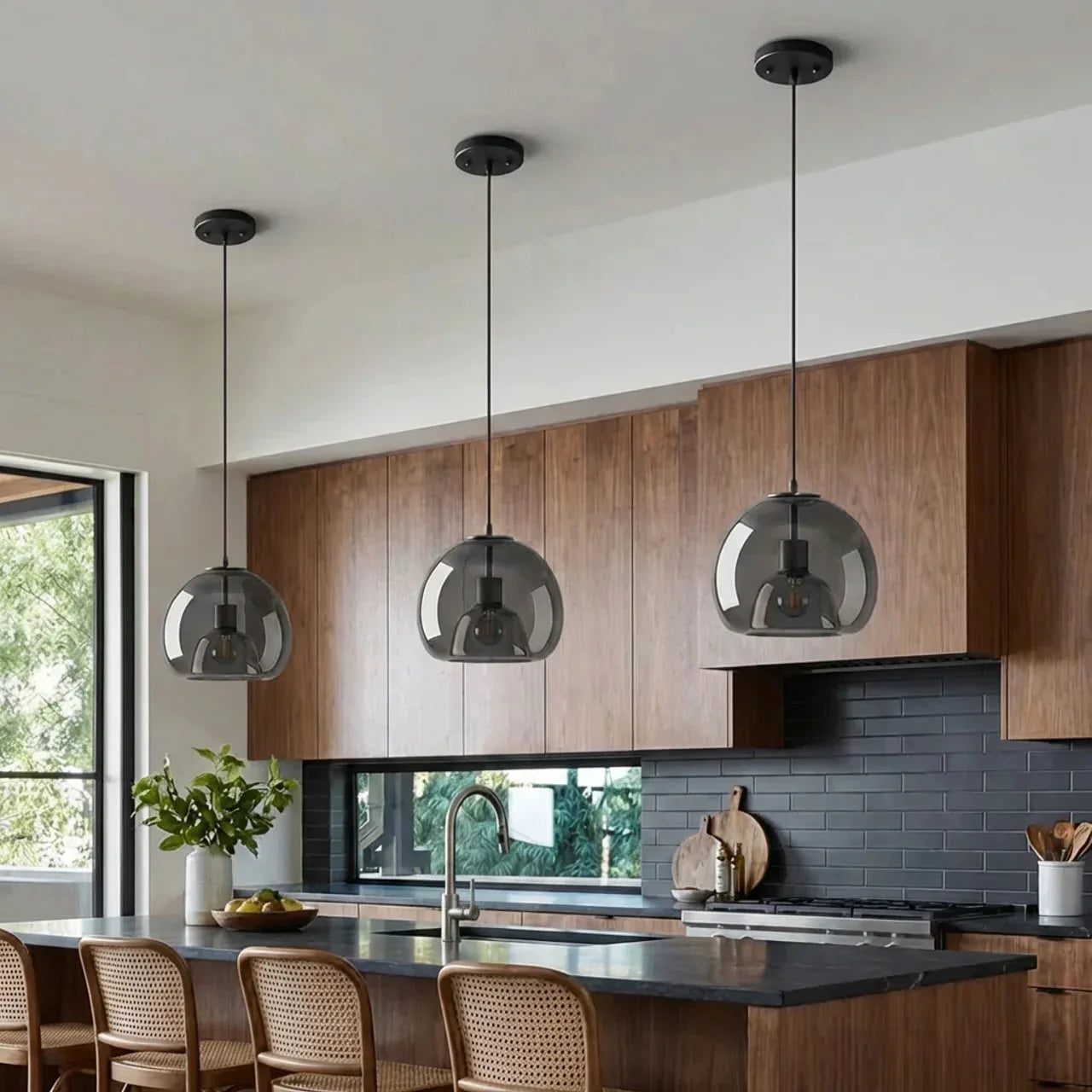 Pendant Light With Smoky Glass Dome For Ceiling Mount In Kitchen And Dining
