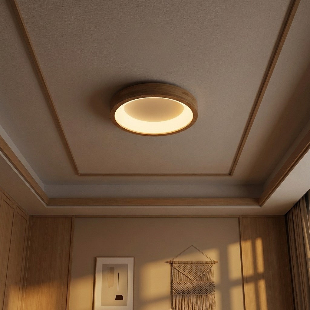 Runde LED-Deckenleuchte aus Naturholz, Aufbaumontage