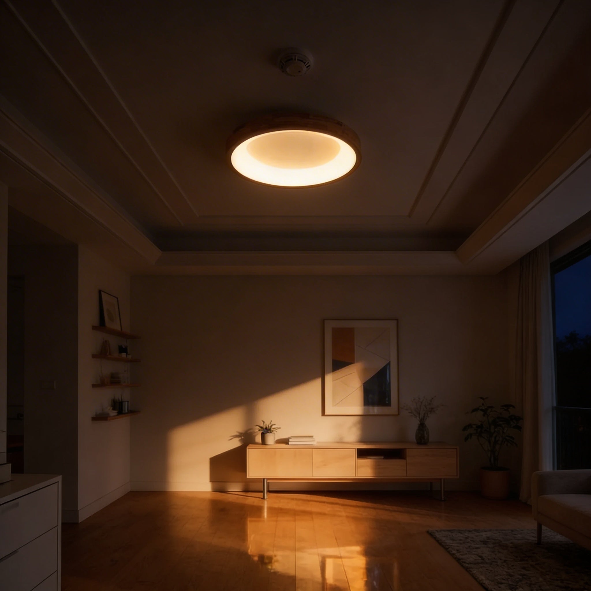Runde LED-Deckenleuchte aus Naturholz, Aufbaumontage