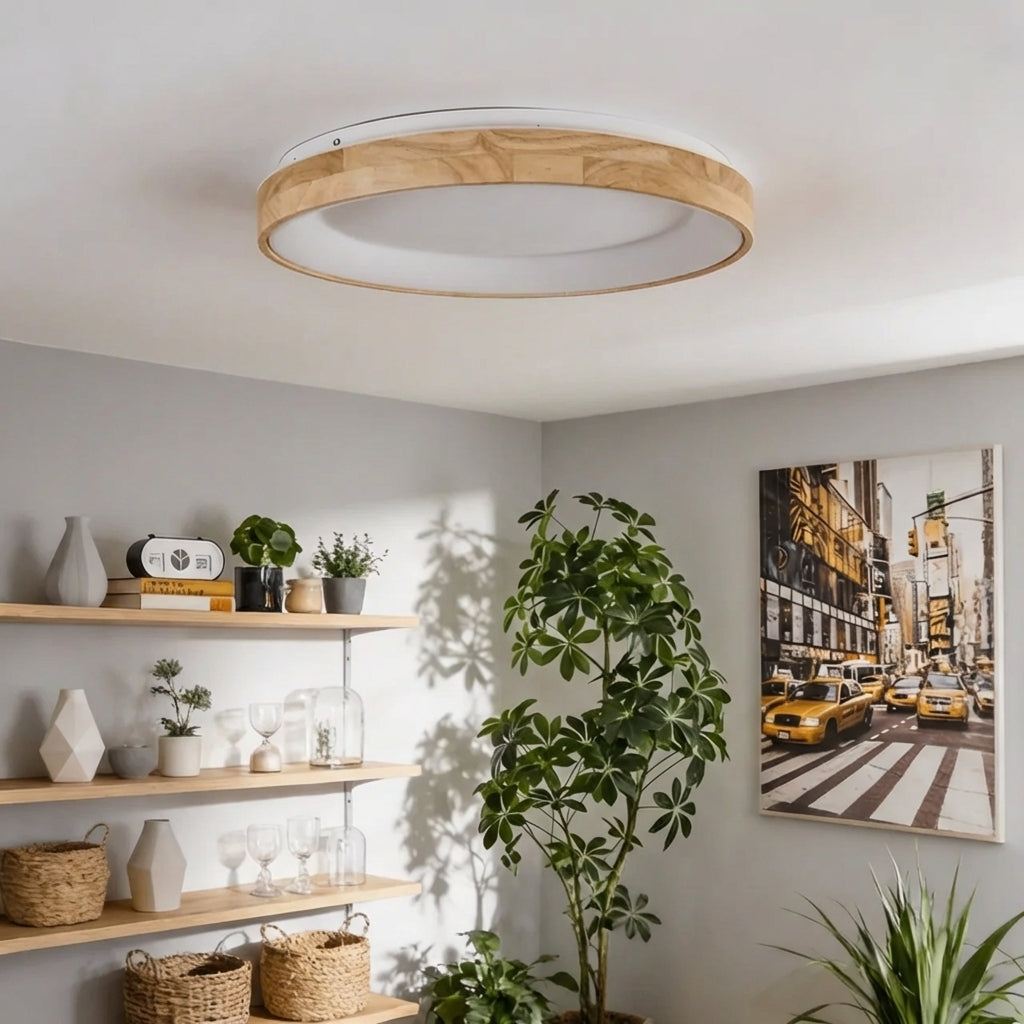 Runde LED-Deckenleuchte aus Naturholz, Aufbaumontage