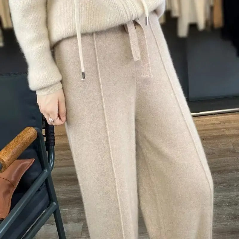 Wool and Cashmere Blend Wide-Leg Trousers for Women with Elastic Waist