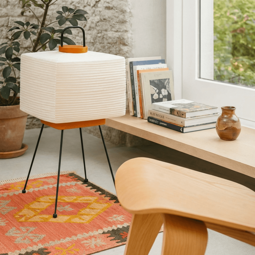 Wabi-Sabi tripod gulvlampe med rispapirskærm og 3-farvede LED-lys