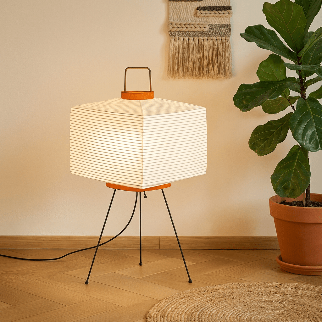 Wabi-Sabi tripod gulvlampe med rispapirskærm og 3-farvede LED-lys