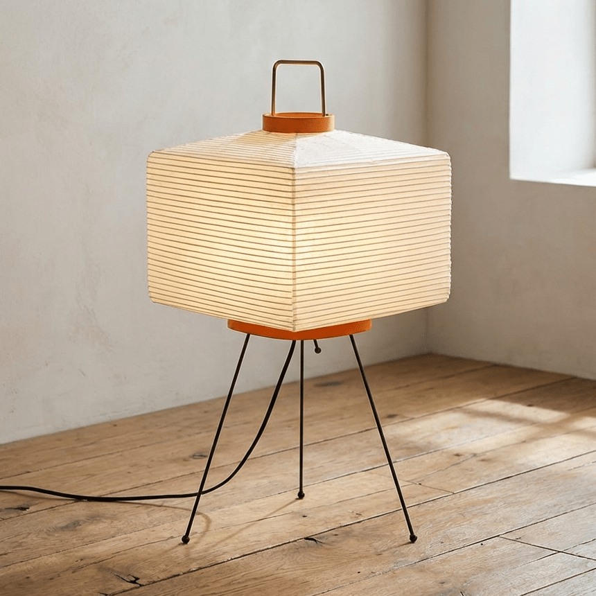 Wabi-Sabi tripod gulvlampe med rispapirskærm og 3-farvede LED-lys