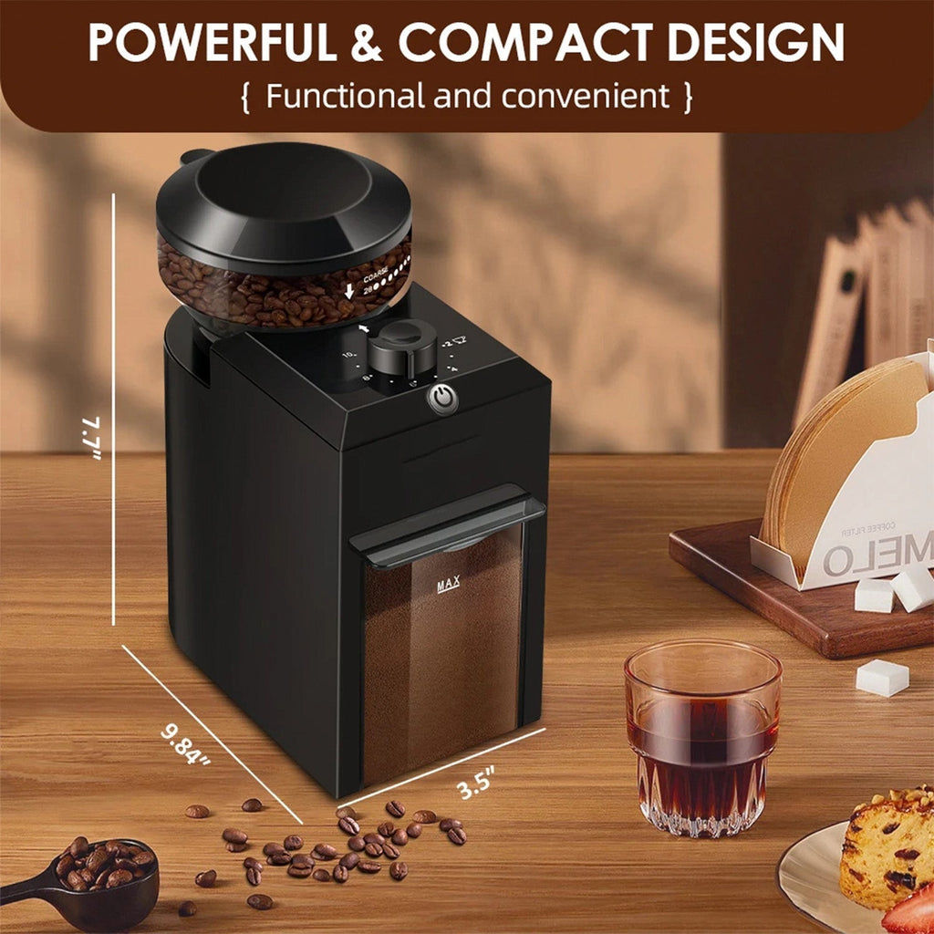 Mlýnek na kávu s 28 nastaveními mletí a plochými kameny pro espresso a french press