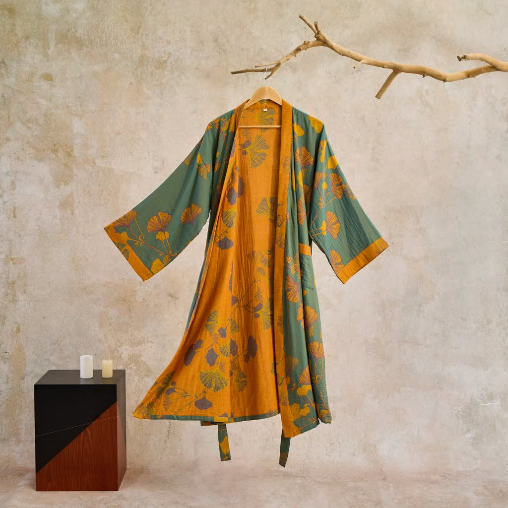 KIMORAE Reversible Cotton Bathrobe in Kimono Style for All-Season Comfort