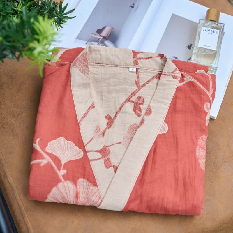KIMORAE Reversible Cotton Bathrobe in Kimono Style for All-Season Comfort