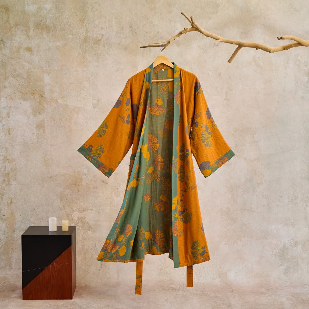 KIMORAE Reversible Cotton Bathrobe in Kimono Style for All-Season Comfort